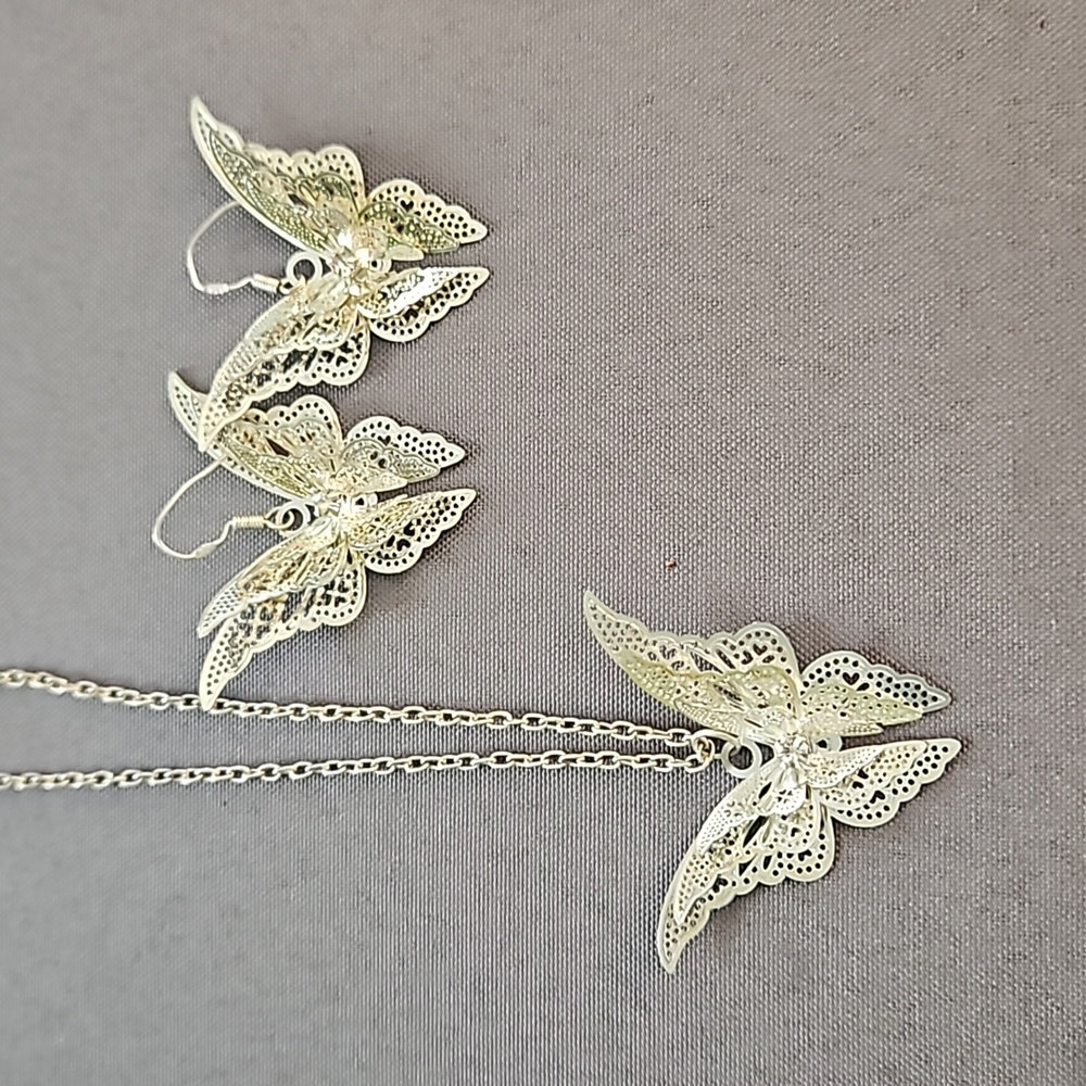 Silver-tone Butterfly Earrings and Necklace Set